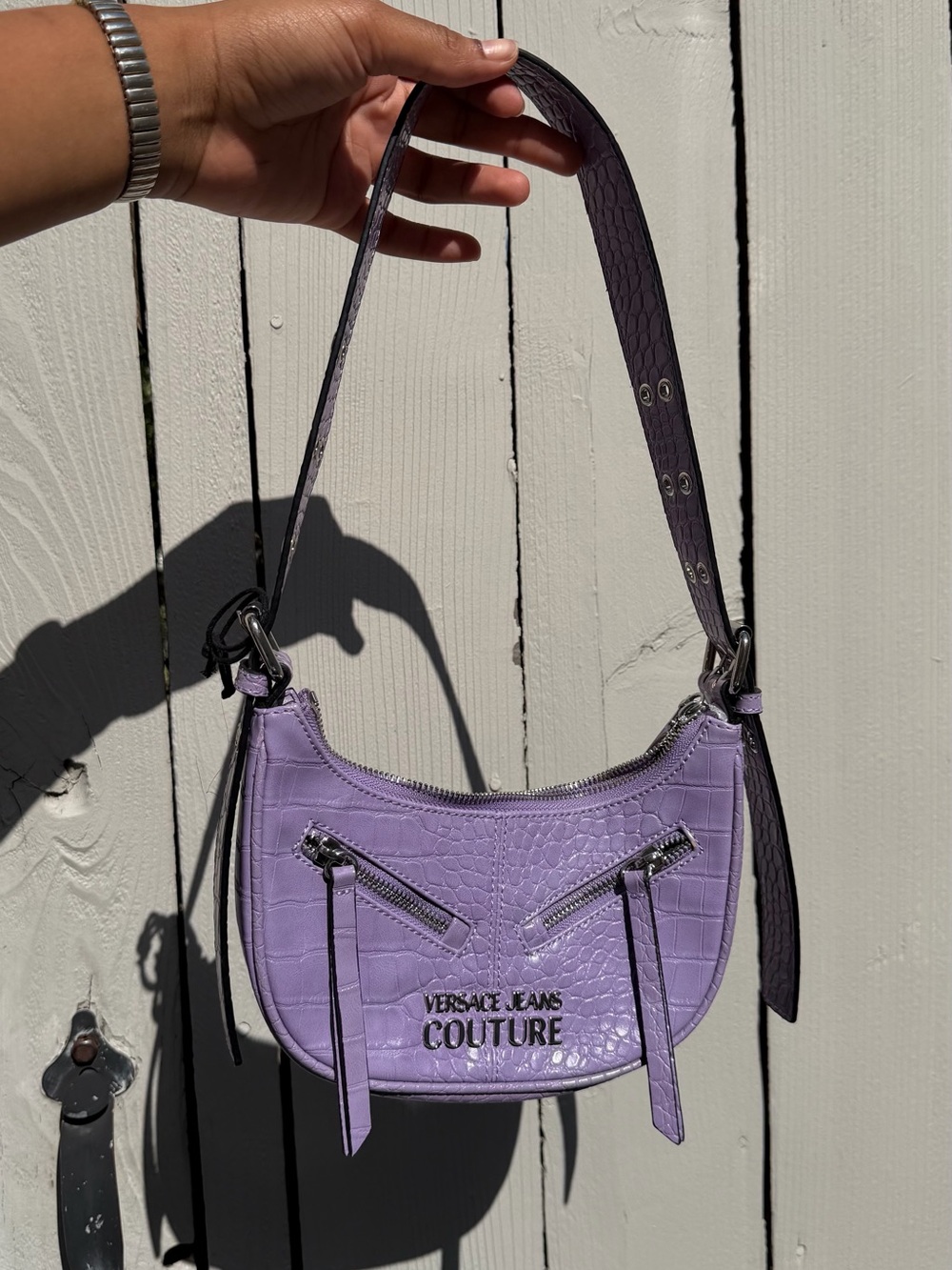 Versace Jeans Collection Lavender Croc-Embossed Crescent Shoulder Bag